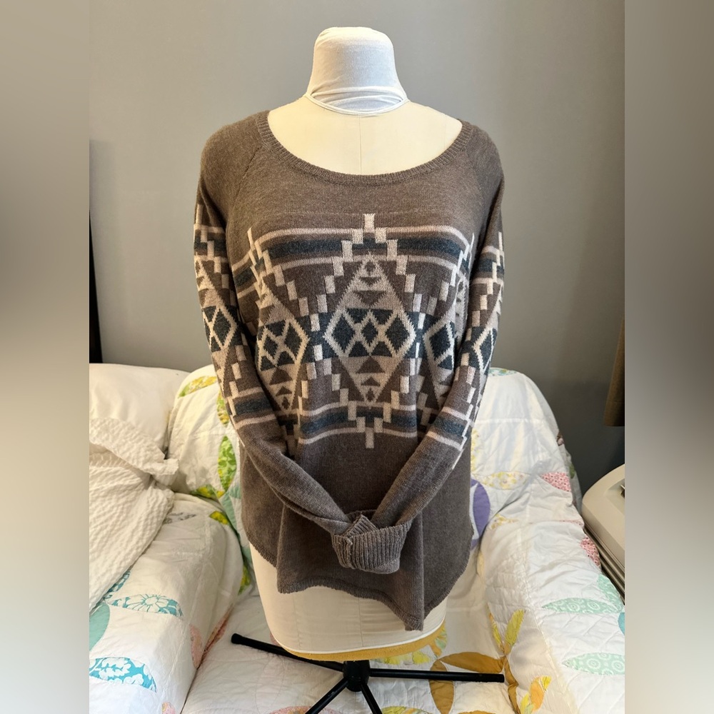 Joie Brown Grey Aztec Boho Brenda Geometric Wool Cashmere Sweater S M L - Picture 11 of 15